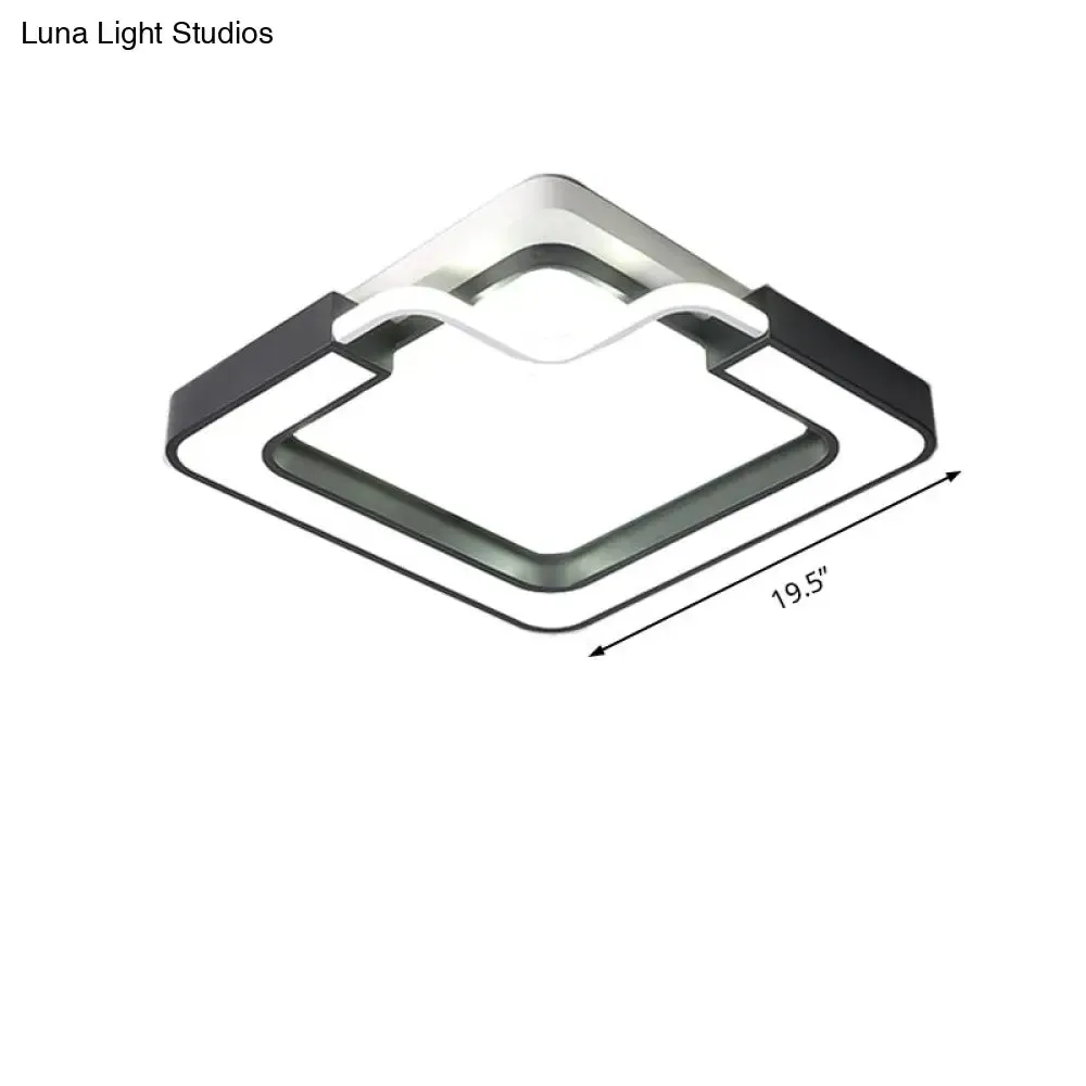 16"/19.5" Contemporary Metal LED Flush Mount Lamp – Black/White Square/Round Ceiling Fixture for Bedroom – White Light
