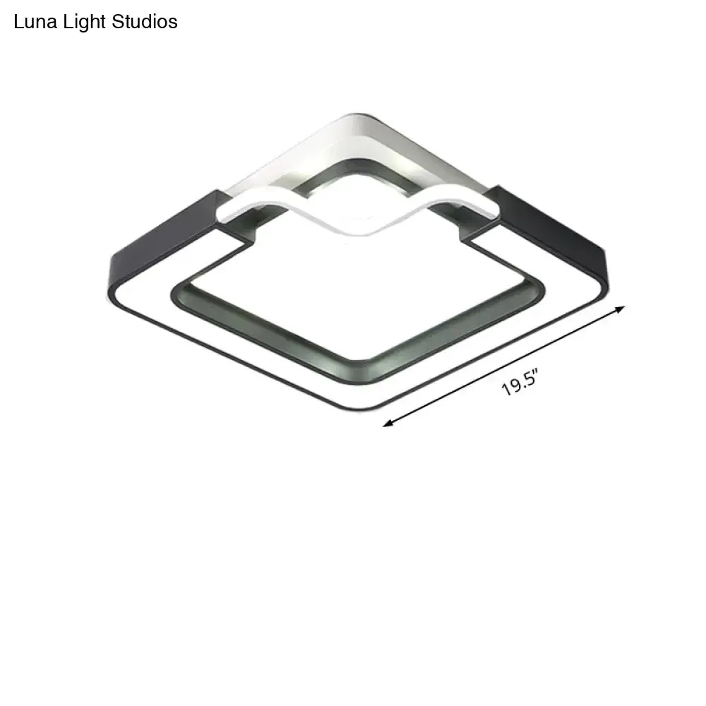 16"/19.5" Contemporary Metal LED Flush Mount Lamp – Black/White Square/Round Ceiling Fixture for Bedroom – White Light