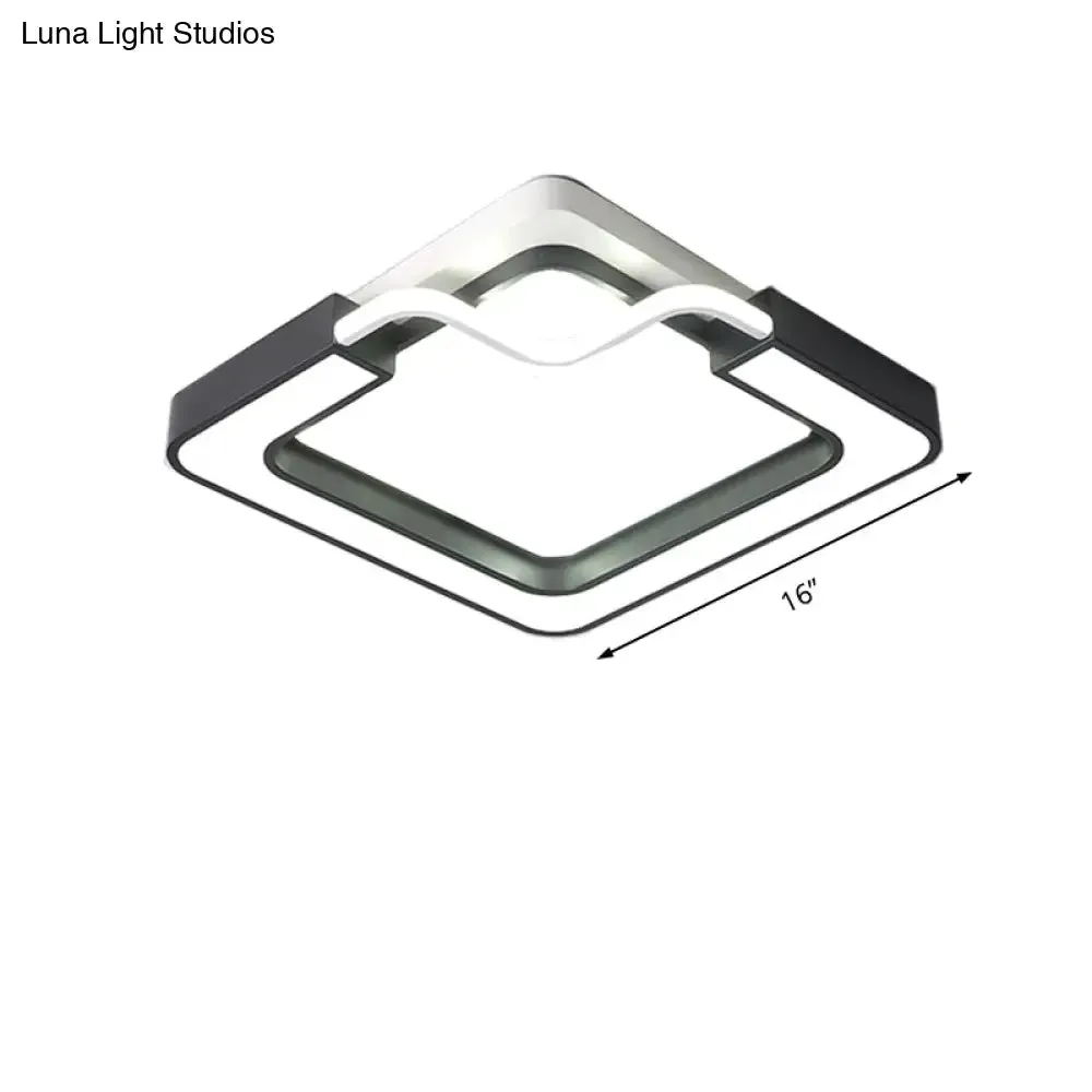 16"/19.5" Contemporary Metal LED Flush Mount Lamp – Black/White Square/Round Ceiling Fixture for Bedroom – White Light
