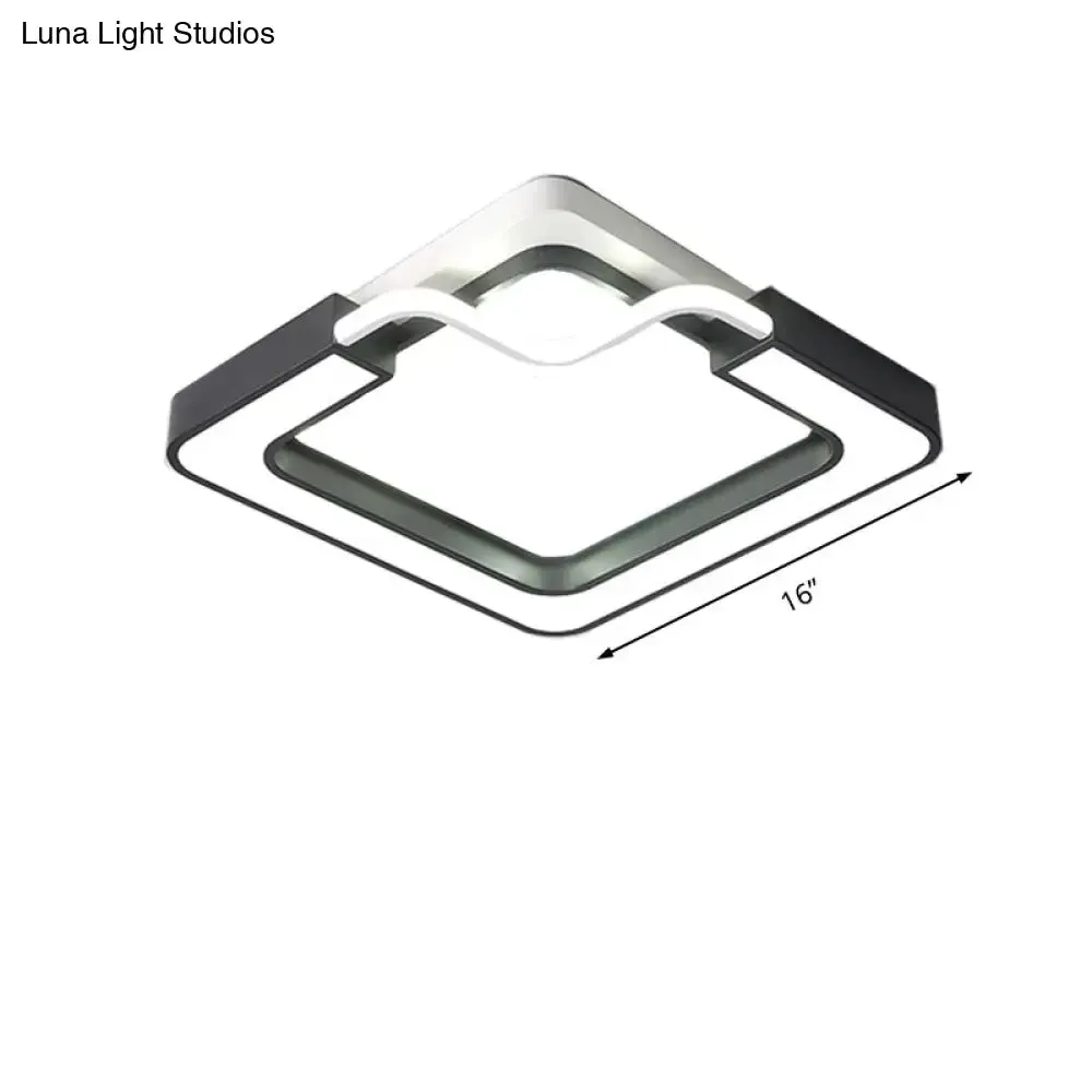 16"/19.5" Contemporary Metal LED Flush Mount Lamp – Black/White Square/Round Ceiling Fixture for Bedroom – White Light