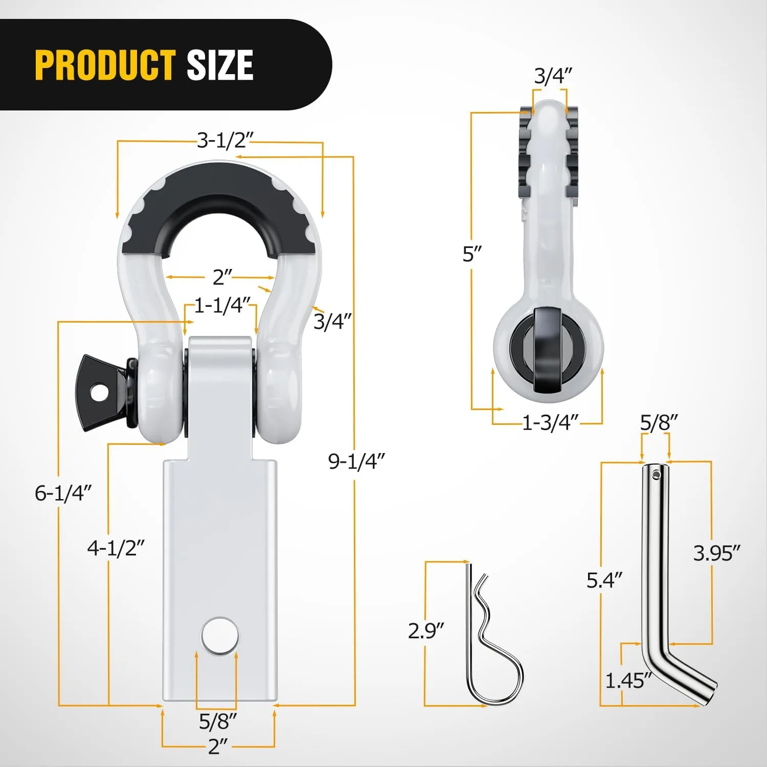 2 Inch Shackle Hitch Receiver 3/4 Inch D Ring Kit White