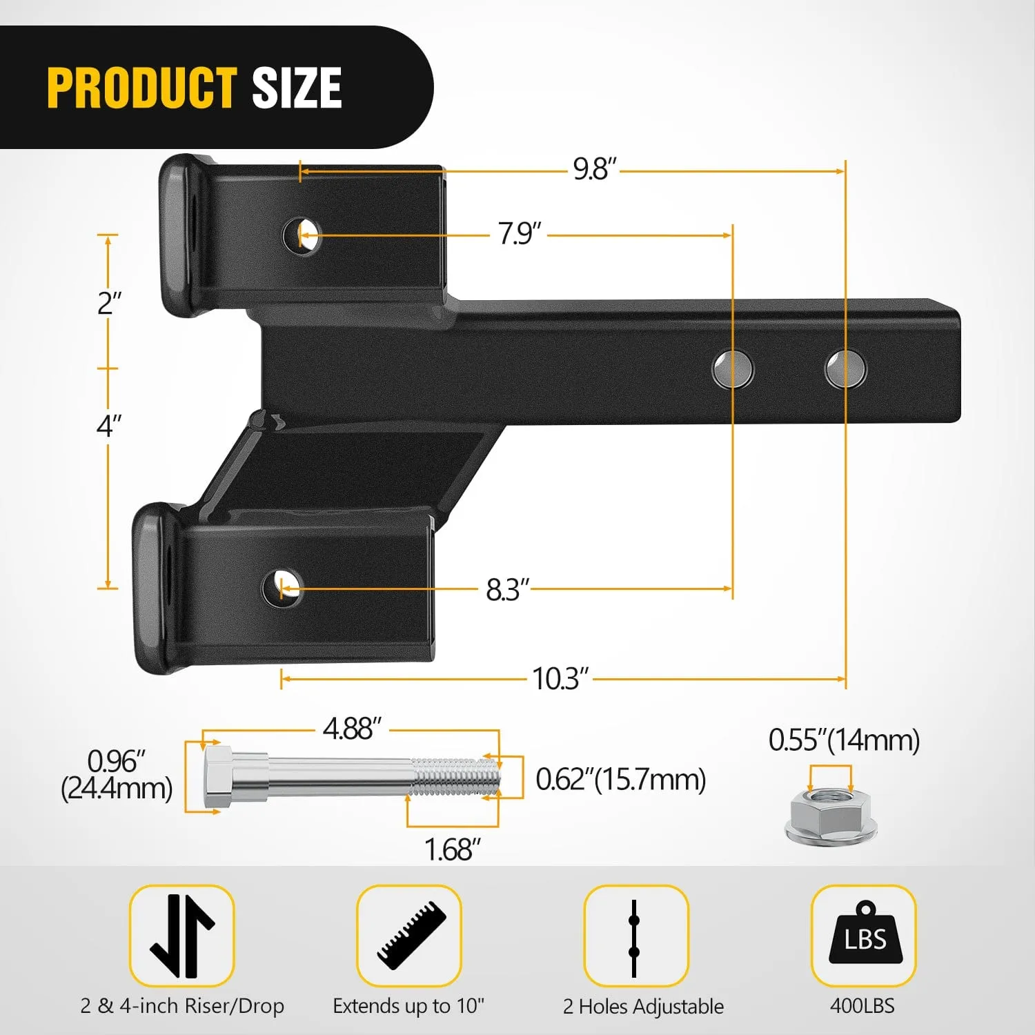 2 Inch Trailer Dual Hitch Receiver with 2 & 4Inch Rise or Drop