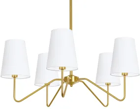 5-Light Modern Chandelier with White Shades, 30” Brass Gold Chandelier for Dining Room, Classic Pendant Ceiling Light Fixture w/ E12 Base Hanging Lamp for Living Room Hallway Bedroom Height Adjustable