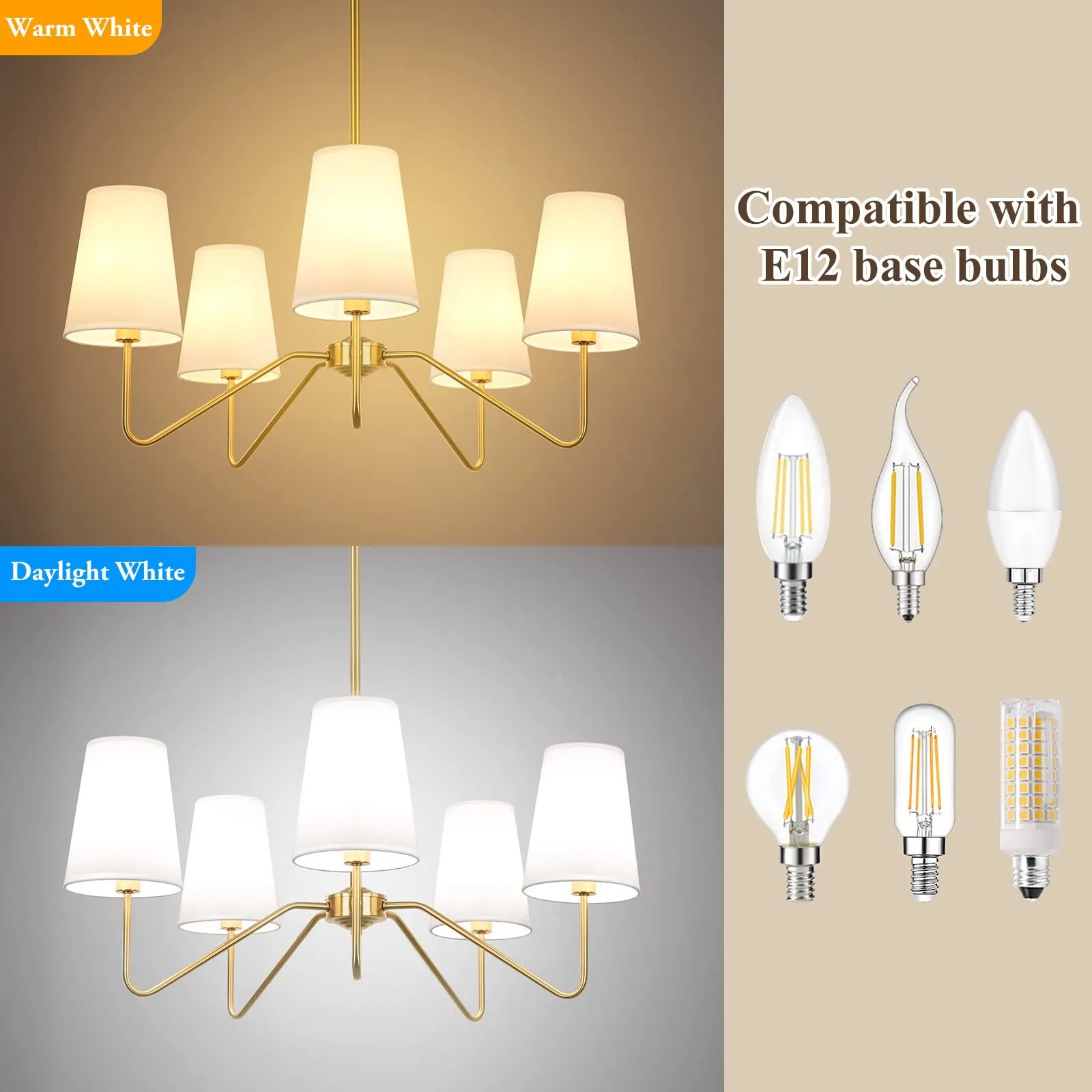 5-Light Modern Chandelier with White Shades, 30” Brass Gold Chandelier for Dining Room, Classic Pendant Ceiling Light Fixture w/ E12 Base Hanging Lamp for Living Room Hallway Bedroom Height Adjustable