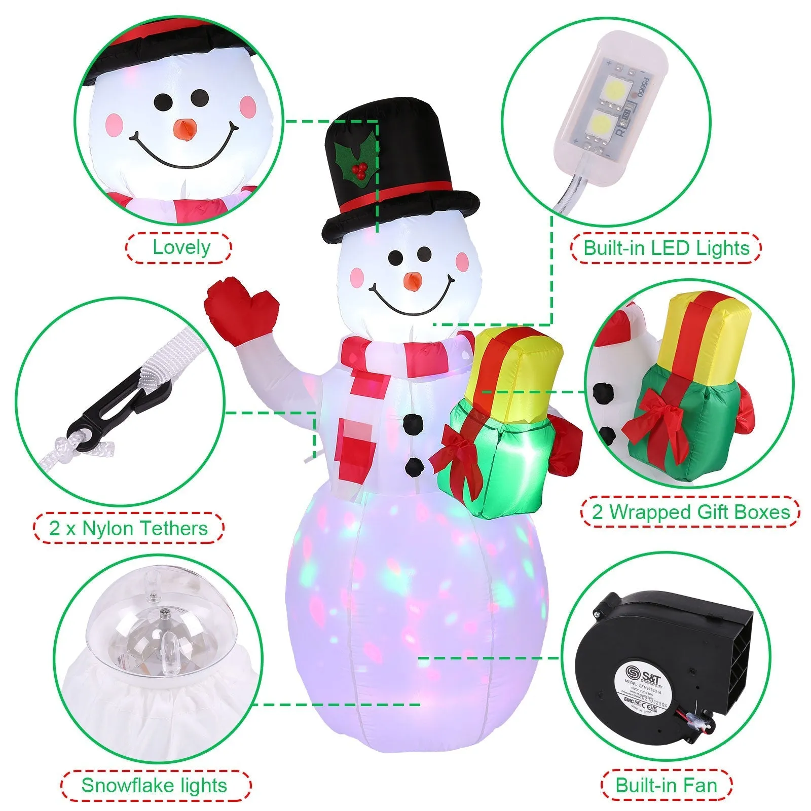 5FT Snowman Inflatable Outdoor Decoration Rotating LED Lights