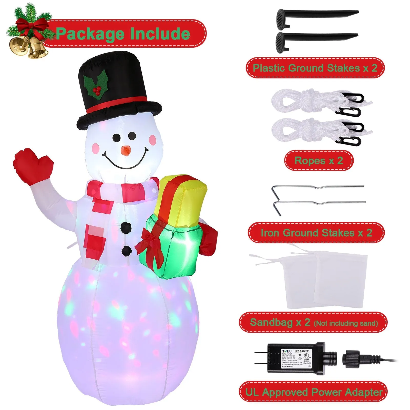 5FT Snowman Inflatable Outdoor Decoration Rotating LED Lights