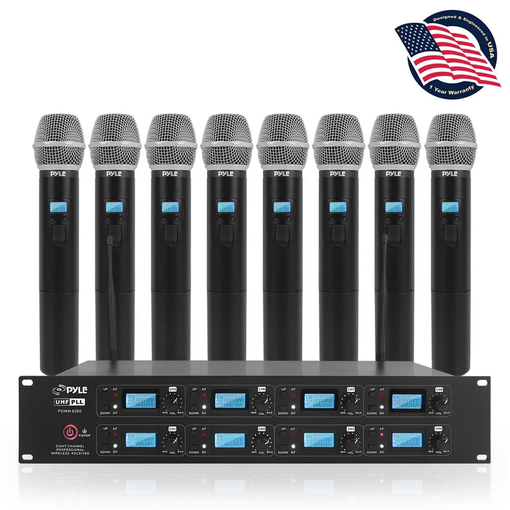 8-Channel Uhf Wireless Microphone & Receiver System, (8) Belt-Packs, (8) Headsets, (8) Lavaliers