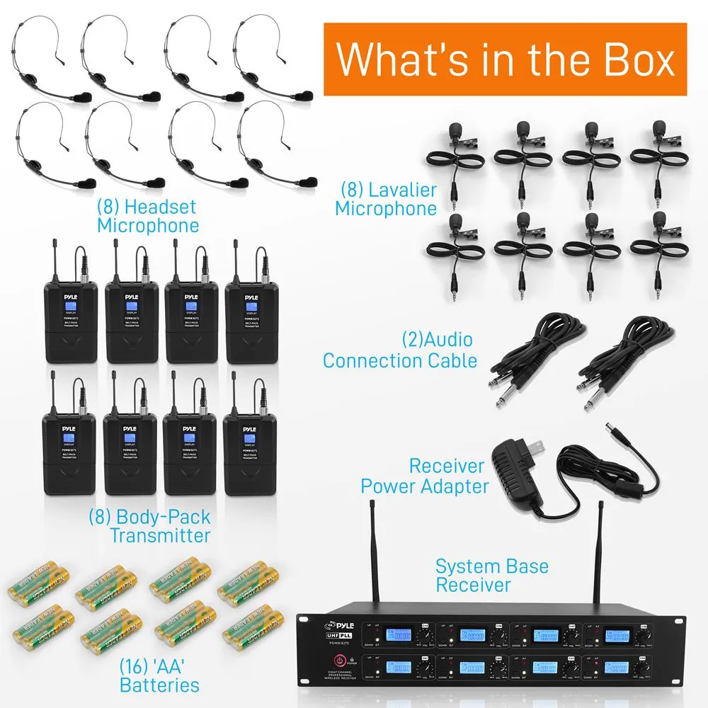 8-Channel Uhf Wireless Microphone & Receiver System, (8) Belt-Packs, (8) Headsets, (8) Lavaliers