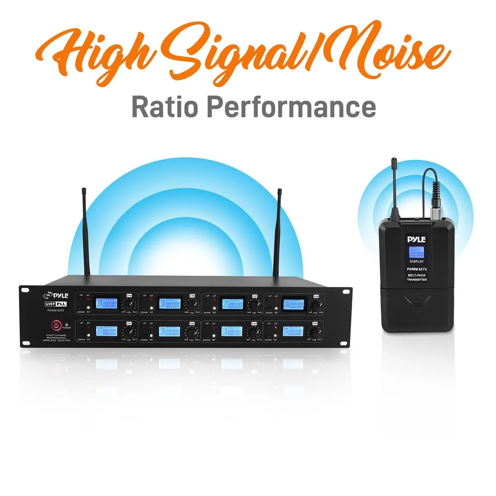 8-Channel Uhf Wireless Microphone & Receiver System, (8) Belt-Packs, (8) Headsets, (8) Lavaliers