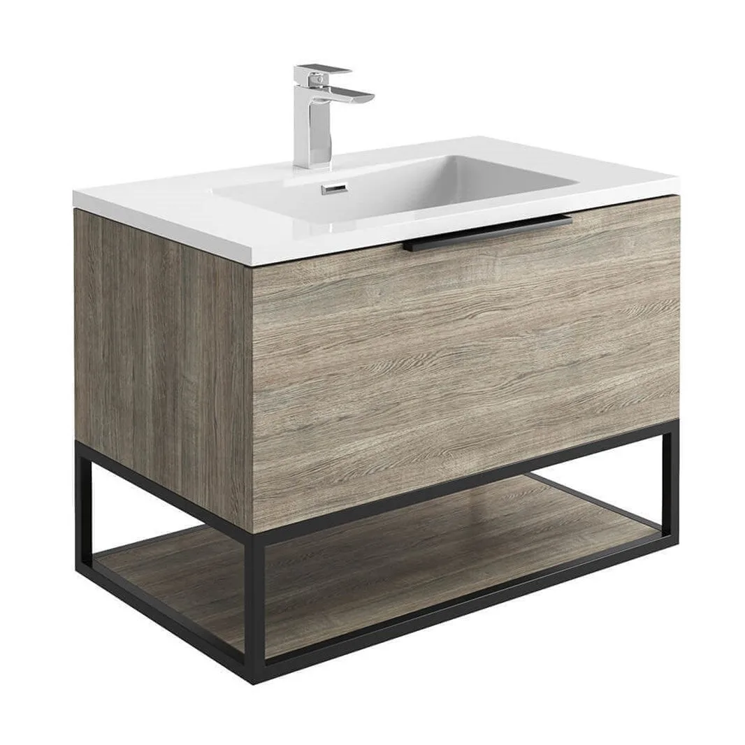 Ambience 800mm Wall Hung LED Vanity Unit And Basin Grey Oak, Grey or White Basin and Optional Frame