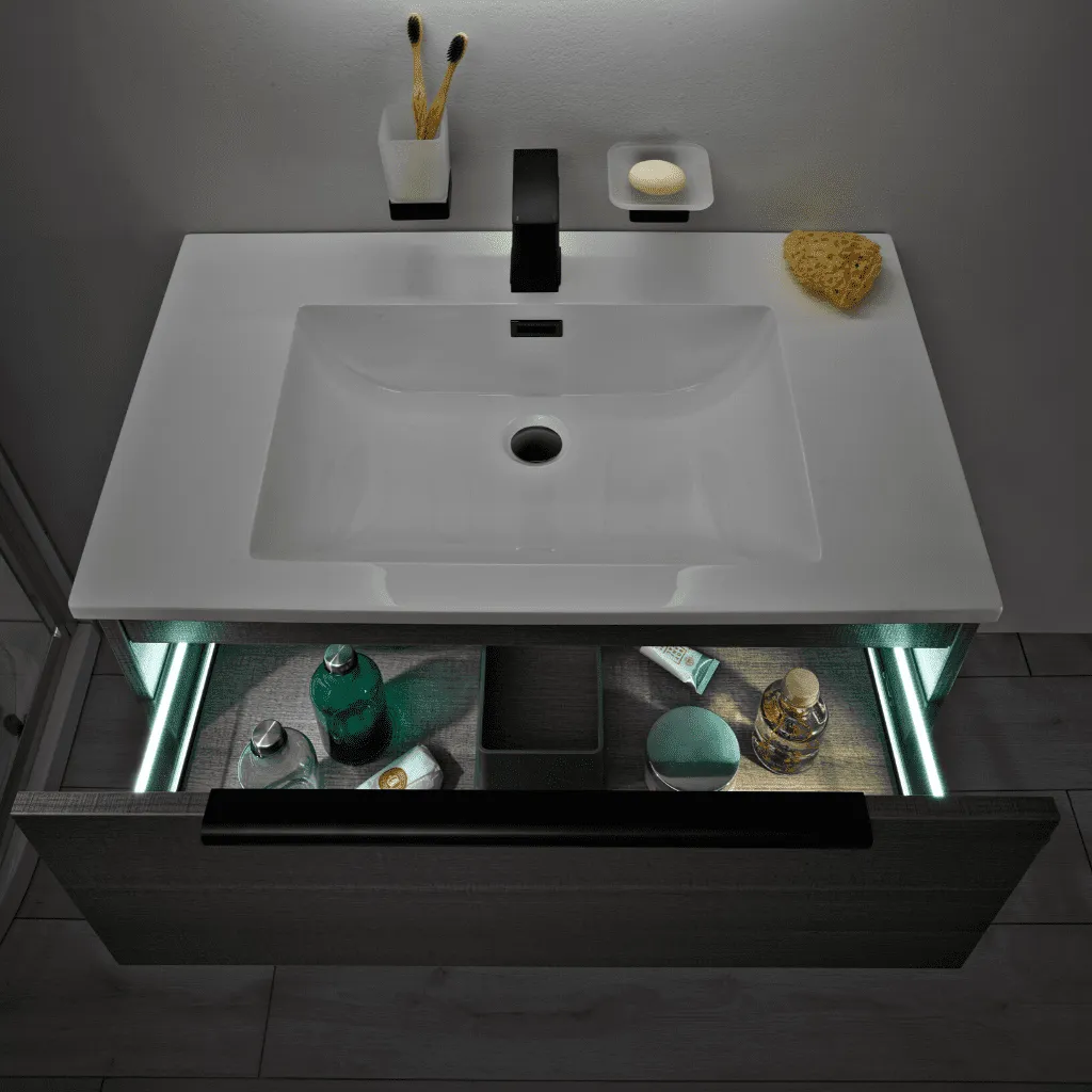 Ambience 800mm Wall Hung LED Vanity Unit And Basin Grey Oak, Grey or White Basin and Optional Frame