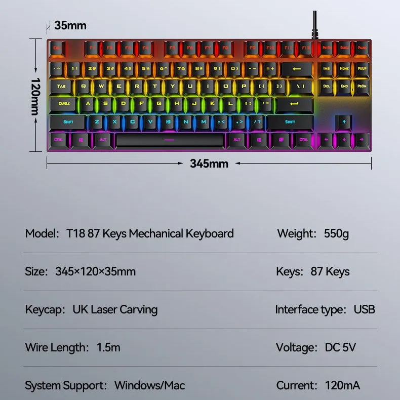 Anti-ghosting Spill Resistant Compact 87 Keys Wired Gaming Keyboard with RGB Backlit for Windows / Mac