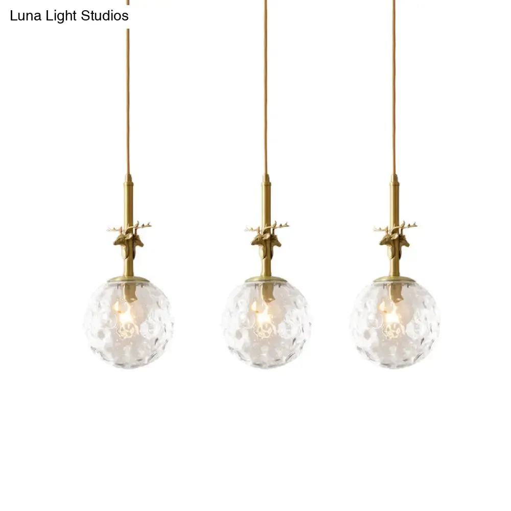 Antler Deco Brass Pendant Light Fixture with Clear Dimpled Glass Shades - Traditional Style - Triple Lamp Design