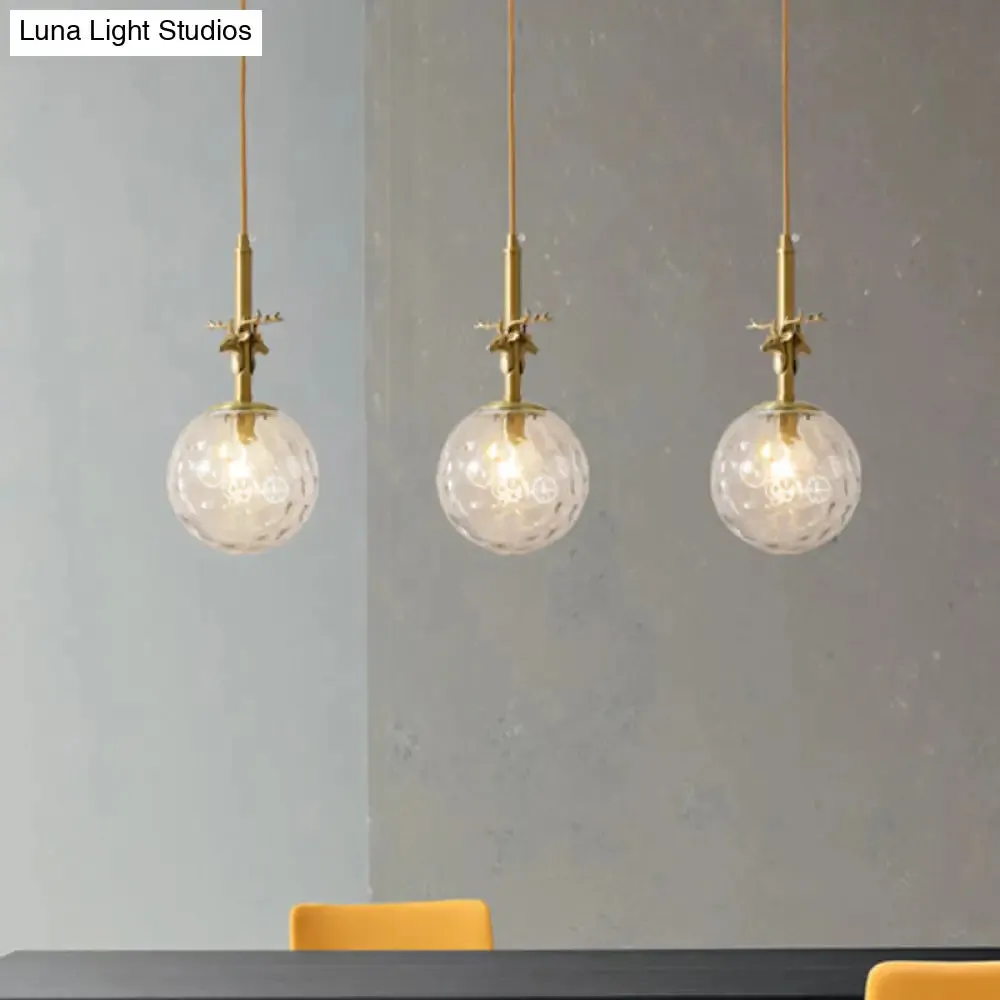 Antler Deco Brass Pendant Light Fixture with Clear Dimpled Glass Shades - Traditional Style - Triple Lamp Design
