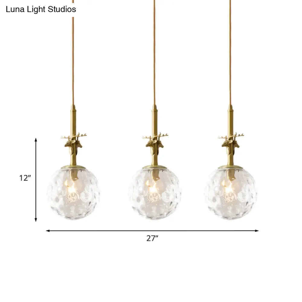 Antler Deco Brass Pendant Light Fixture with Clear Dimpled Glass Shades - Traditional Style - Triple Lamp Design