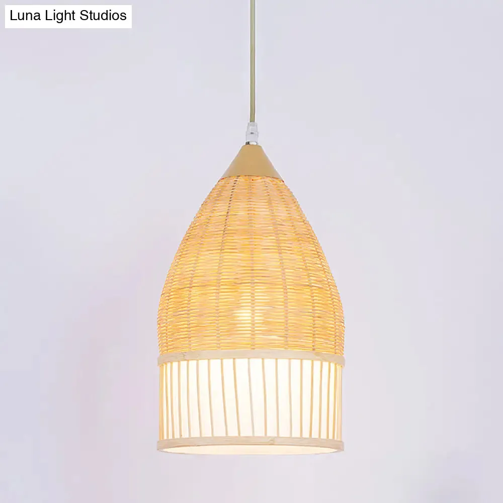 Asia Beige Bamboo Pendant Ceiling Light for Dining Room with Elongated Shade