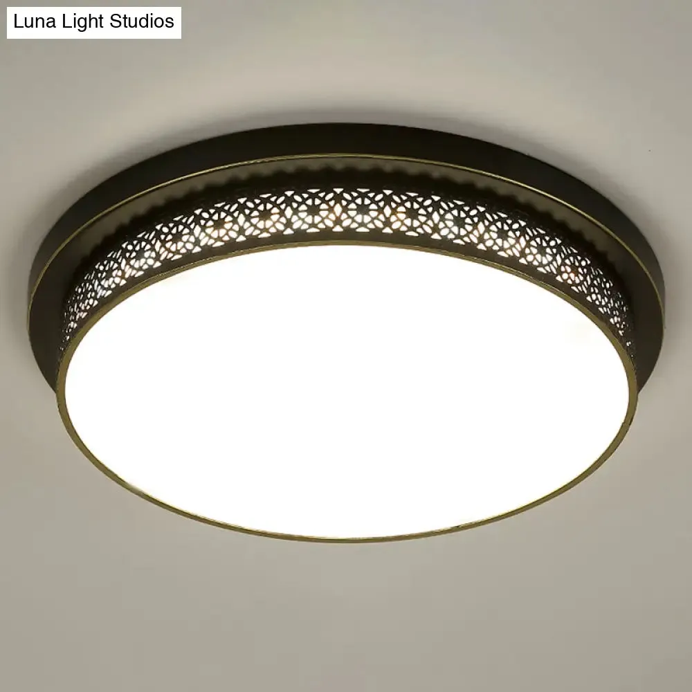 Black Round LED Flush Light - Rustic Acrylic Living Room Ceiling Fixture with Filigree Design