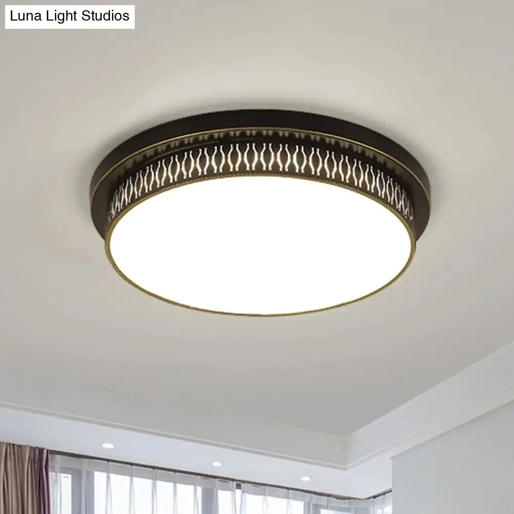 Black Round LED Flush Light - Rustic Acrylic Living Room Ceiling Fixture with Filigree Design