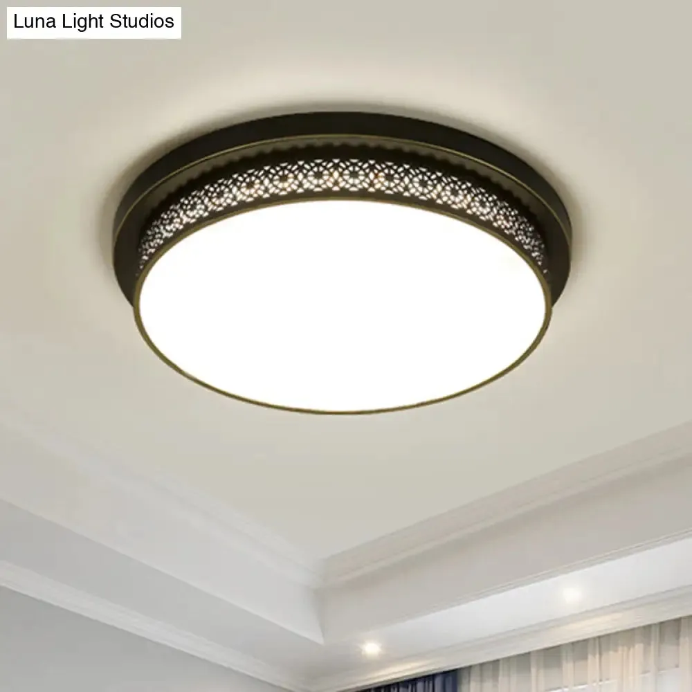 Black Round LED Flush Light - Rustic Acrylic Living Room Ceiling Fixture with Filigree Design