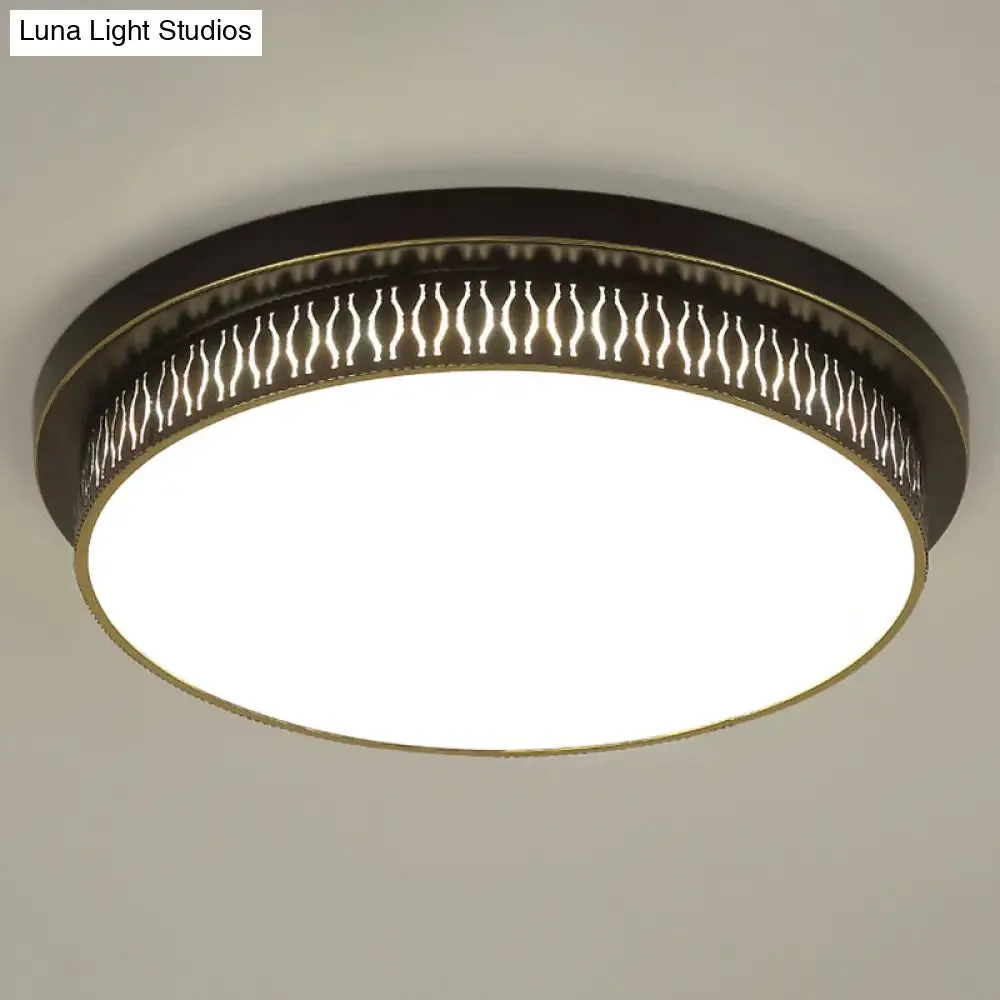 Black Round LED Flush Light - Rustic Acrylic Living Room Ceiling Fixture with Filigree Design