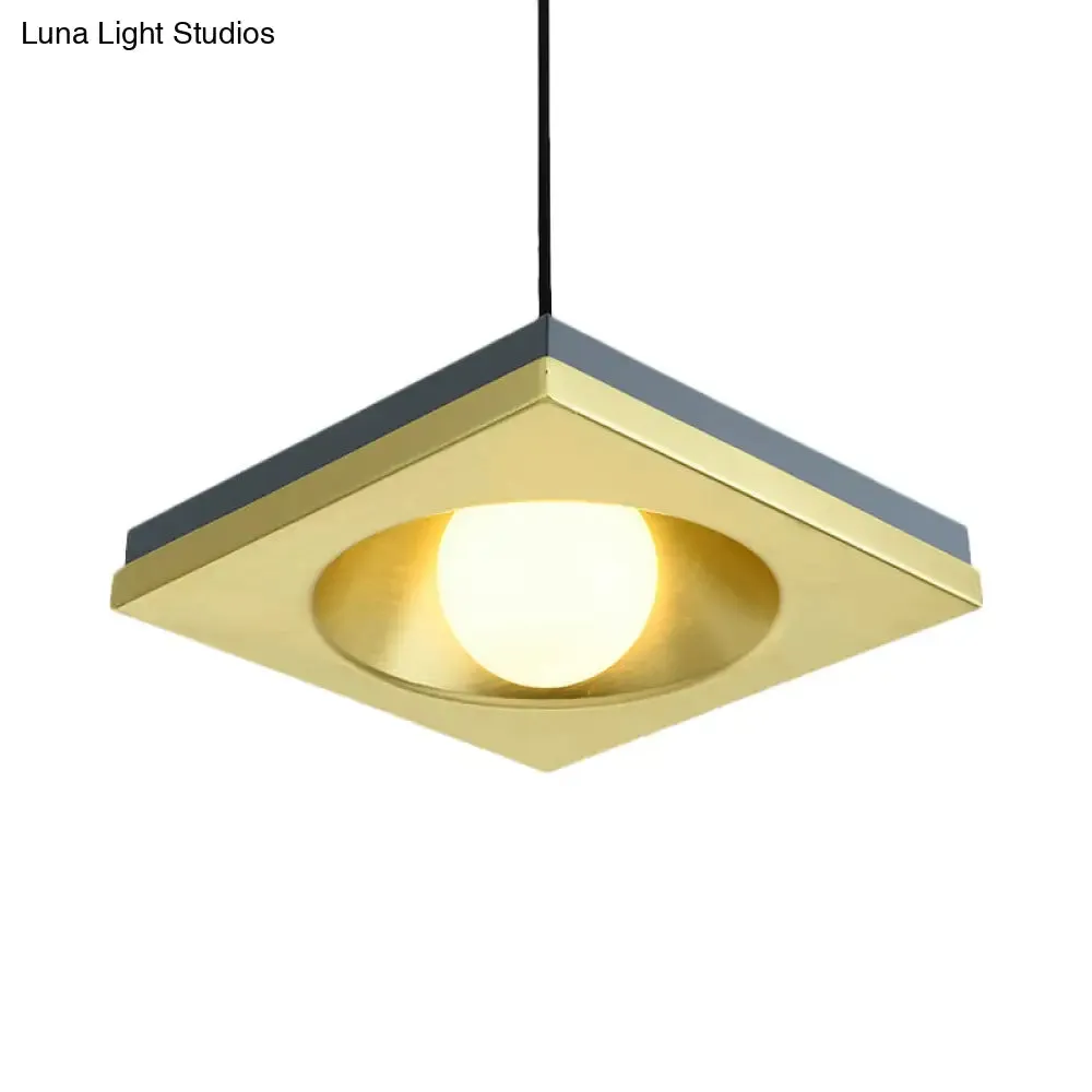 Blue and Gold Modernist Drop Pendant Ceiling Fixture with Metal Concave Squares and 1 Bulb for Bedrooms