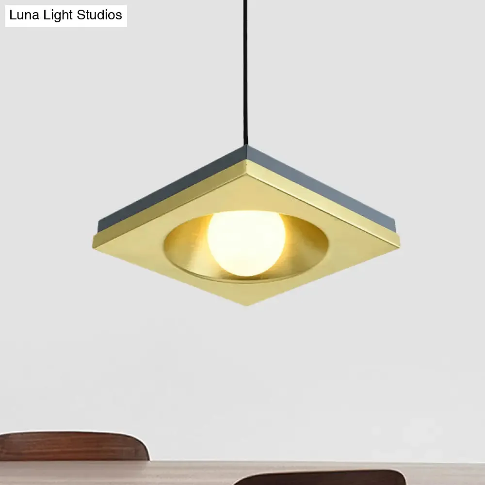 Blue and Gold Modernist Drop Pendant Ceiling Fixture with Metal Concave Squares and 1 Bulb for Bedrooms