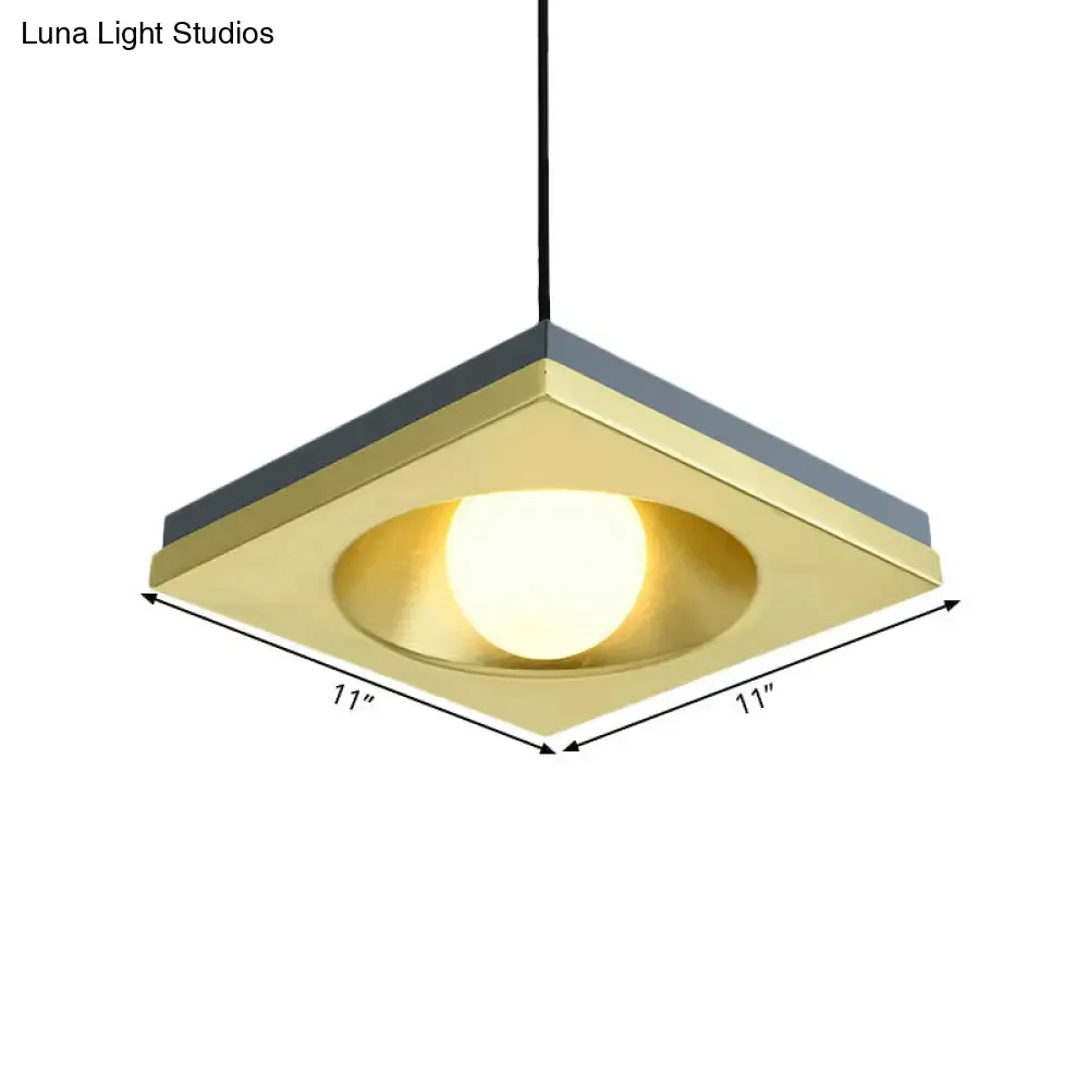 Blue and Gold Modernist Drop Pendant Ceiling Fixture with Metal Concave Squares and 1 Bulb for Bedrooms