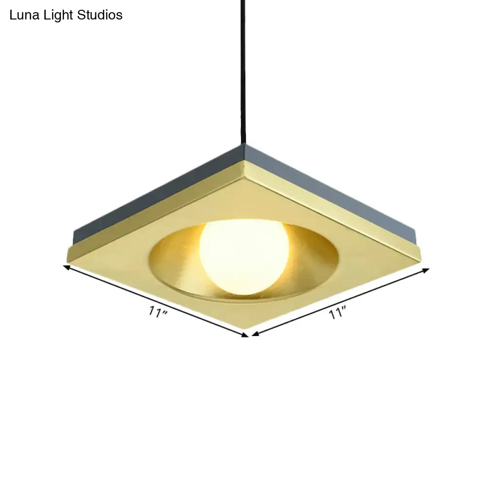 Blue and Gold Modernist Drop Pendant Ceiling Fixture with Metal Concave Squares and 1 Bulb for Bedrooms