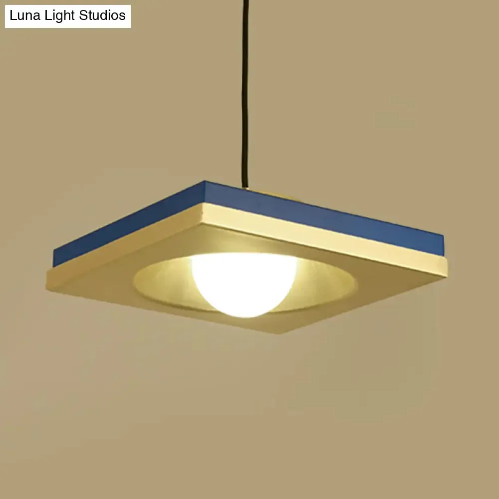 Blue and Gold Modernist Drop Pendant Ceiling Fixture with Metal Concave Squares and 1 Bulb for Bedrooms