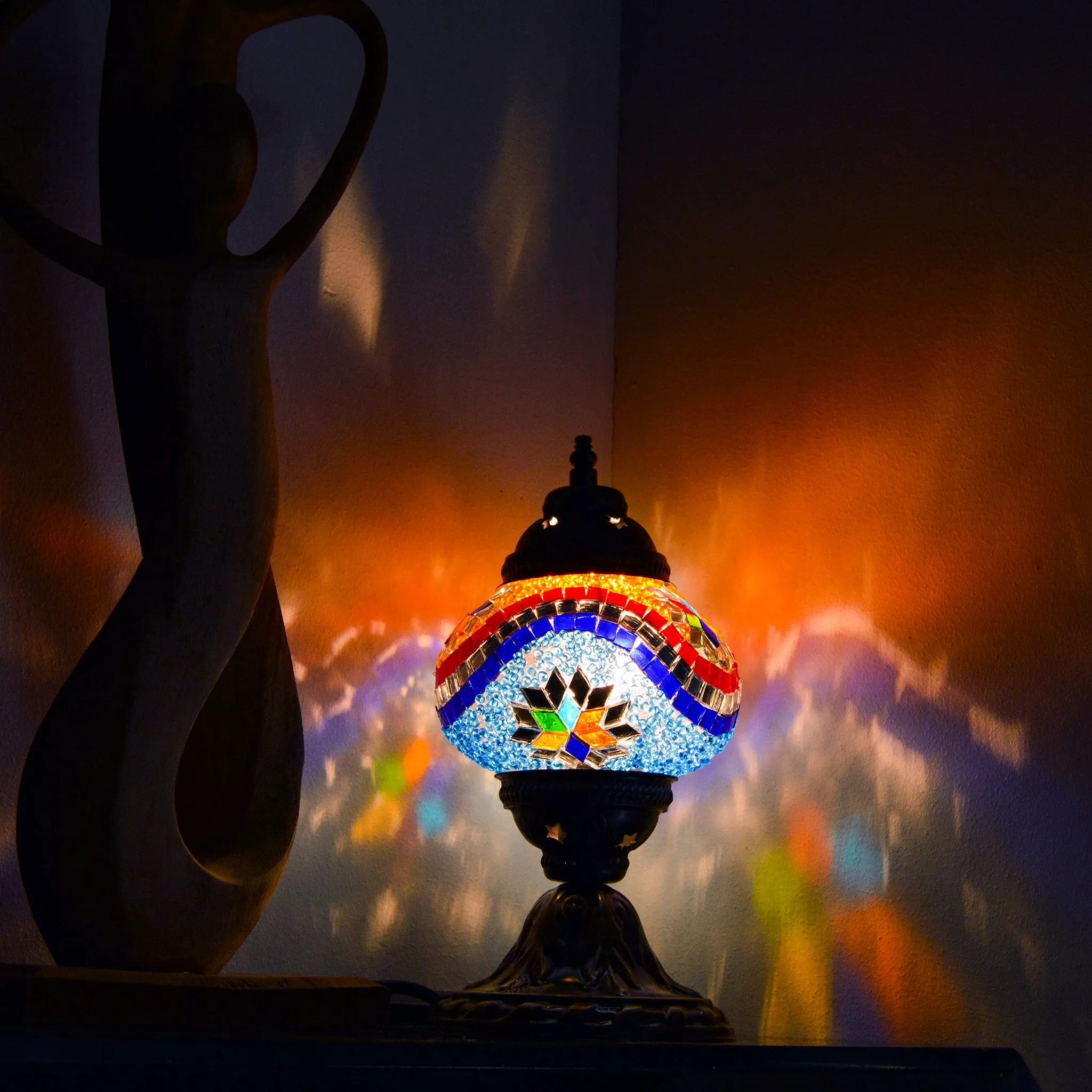 Blue and Orange Beaded Stained Glass Mosaic Lamp with Six-Point Star Pattern | 1002