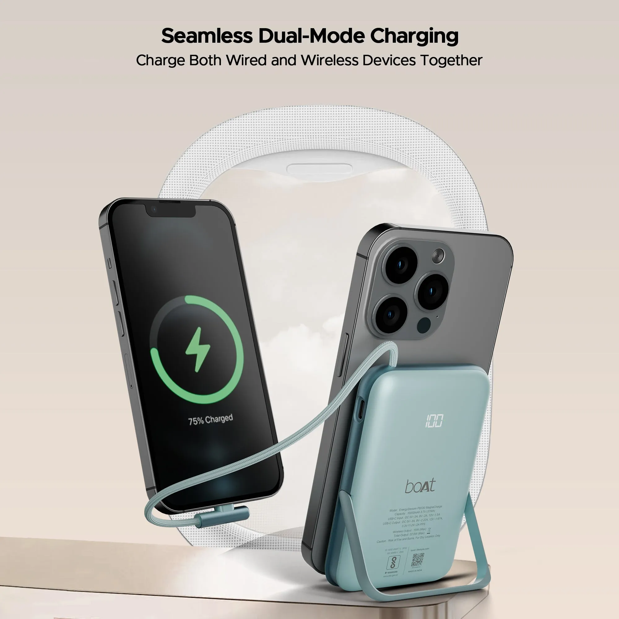 boAt EnergyShroom PB330  Magnacharge | 10000mAh magnetic wireless power bank with 15 W wireless charging, LED battery display, 12 Layer Smart IC Protection