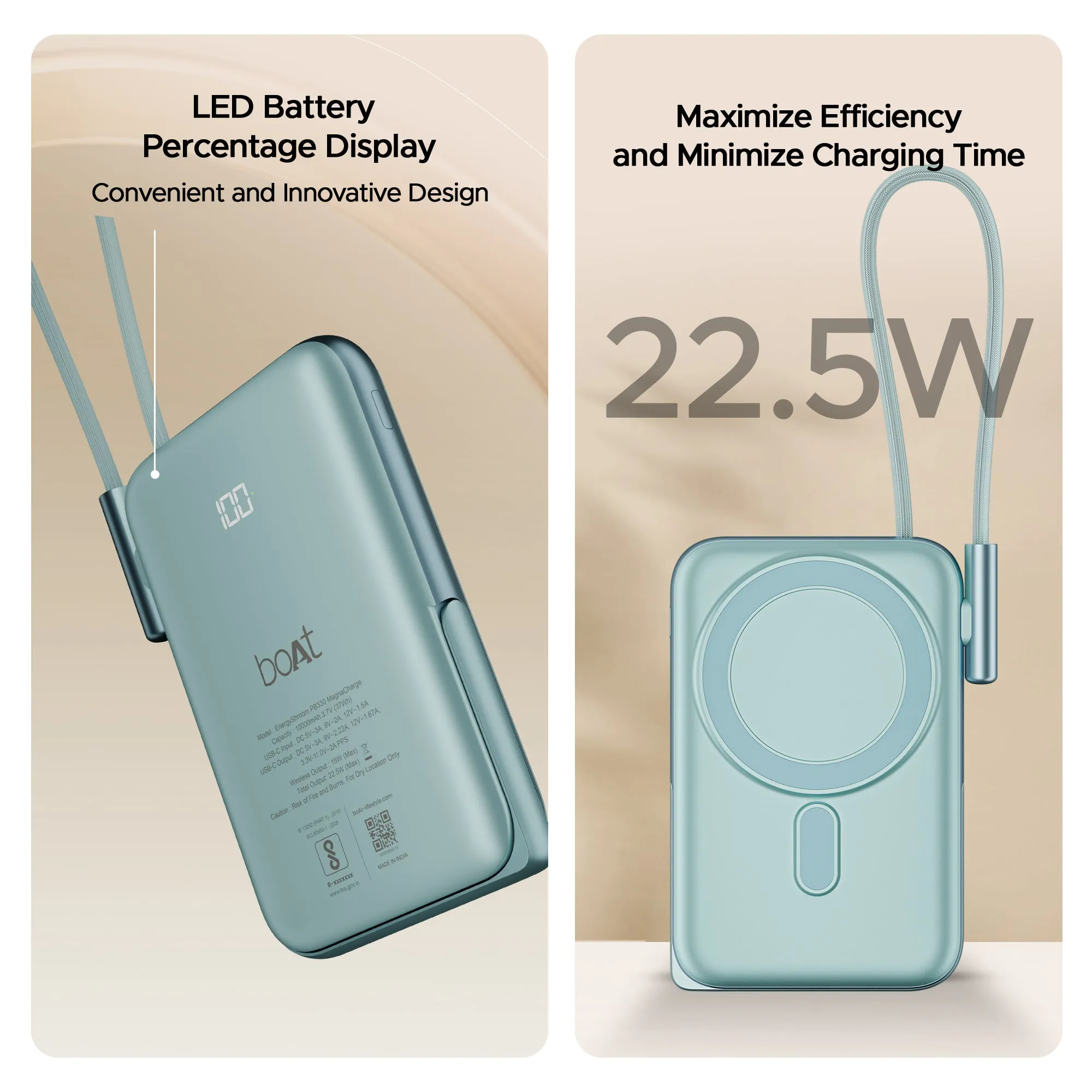 boAt EnergyShroom PB330  Magnacharge | 10000mAh magnetic wireless power bank with 15 W wireless charging, LED battery display, 12 Layer Smart IC Protection