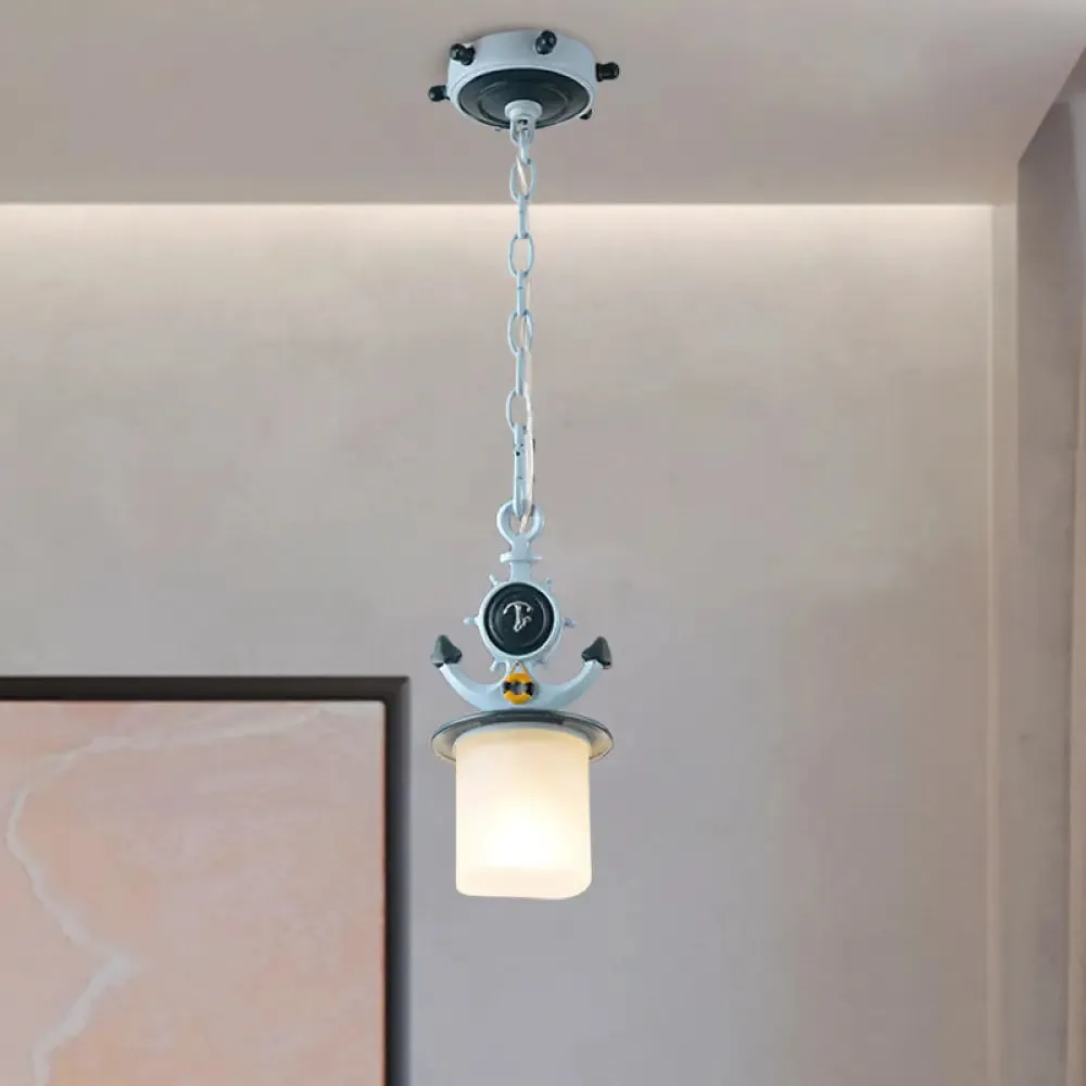 Coastal Frosted Glass Pendant Light with Anchor Design - 5"/13" Diameter, 1 Bulb - Blue