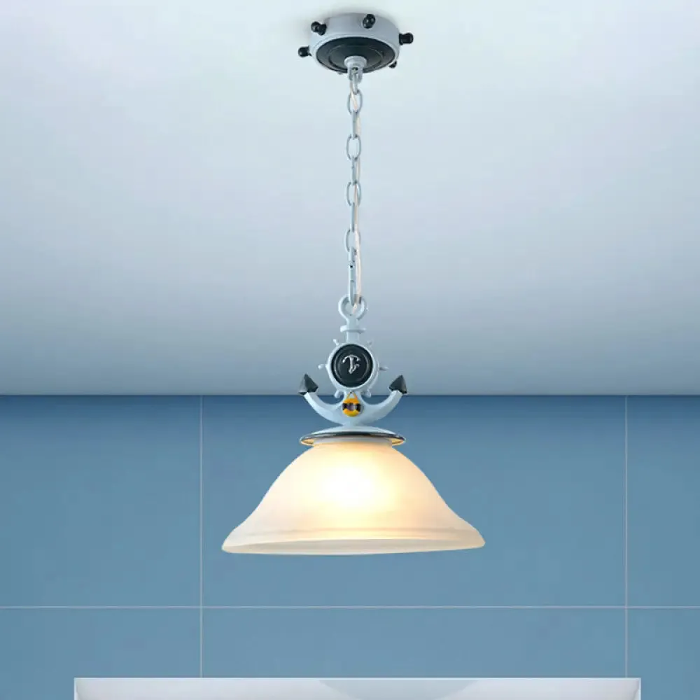 Coastal Frosted Glass Pendant Light with Anchor Design - 5"/13" Diameter, 1 Bulb - Blue