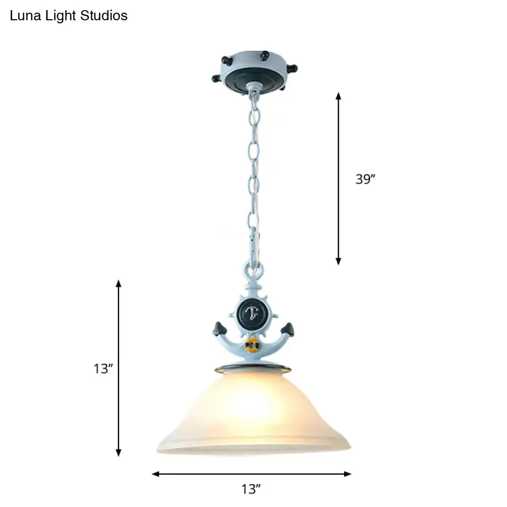 Coastal Frosted Glass Pendant Light with Anchor Design - 5"/13" Diameter, 1 Bulb - Blue