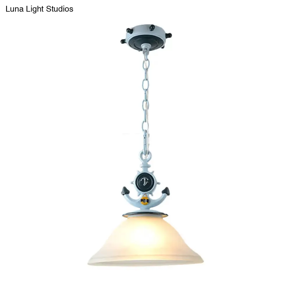Coastal Frosted Glass Pendant Light with Anchor Design - 5"/13" Diameter, 1 Bulb - Blue