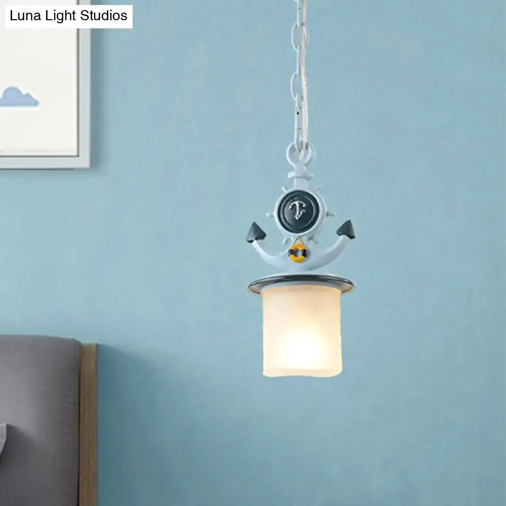 Coastal Frosted Glass Pendant Light with Anchor Design - 5"/13" Diameter, 1 Bulb - Blue