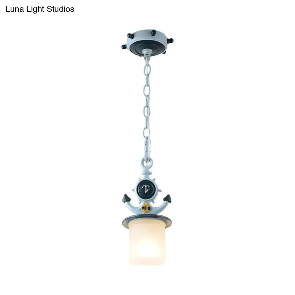 Coastal Frosted Glass Pendant Light with Anchor Design - 5"/13" Diameter, 1 Bulb - Blue