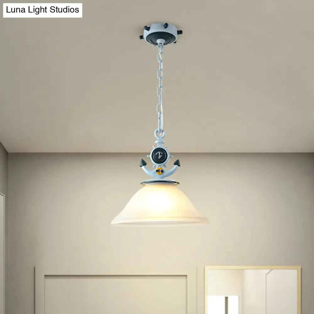Coastal Frosted Glass Pendant Light with Anchor Design - 5"/13" Diameter, 1 Bulb - Blue