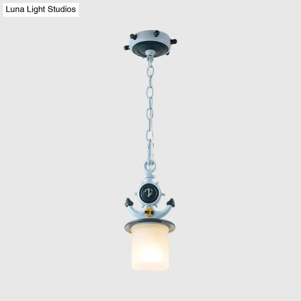 Coastal Frosted Glass Pendant Light with Anchor Design - 5"/13" Diameter, 1 Bulb - Blue