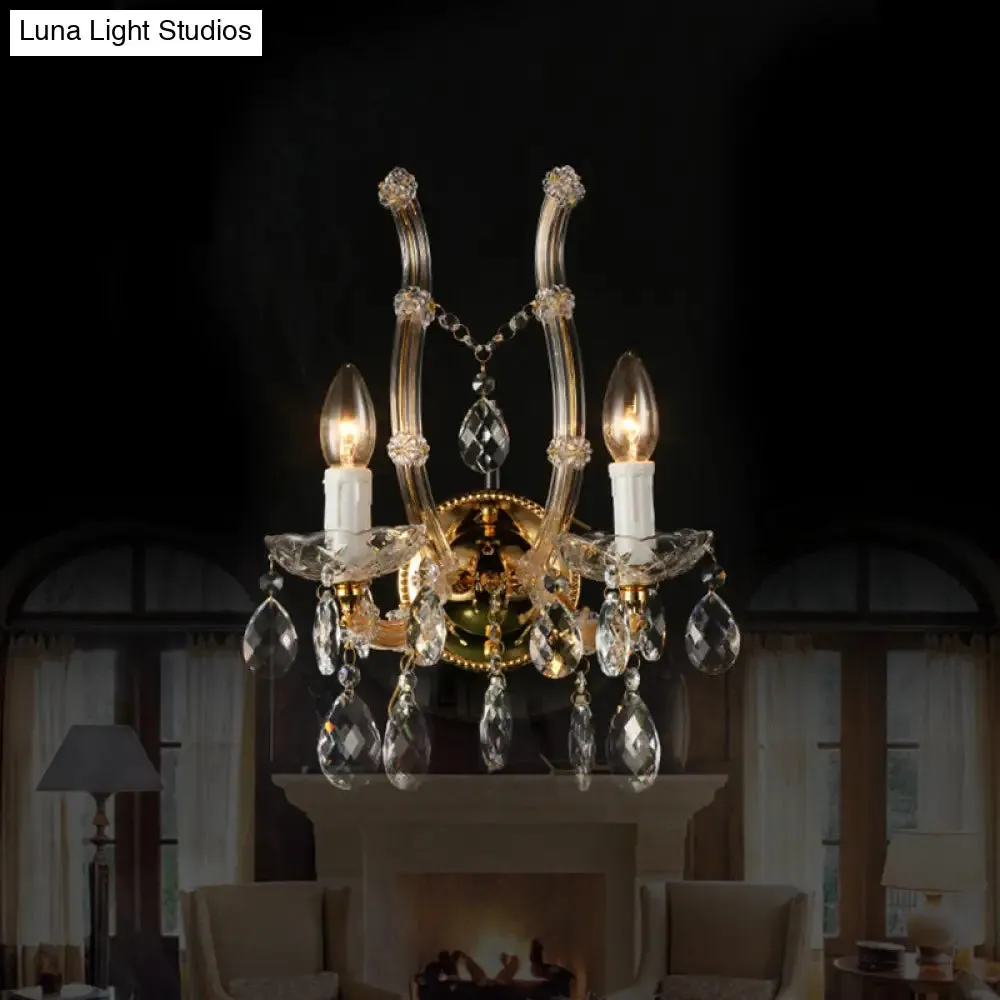 Contemporary Amber Glass Wall Light with Crystal Deco - Gold Finish, 2 Lights