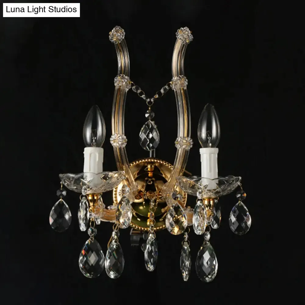 Contemporary Amber Glass Wall Light with Crystal Deco - Gold Finish, 2 Lights