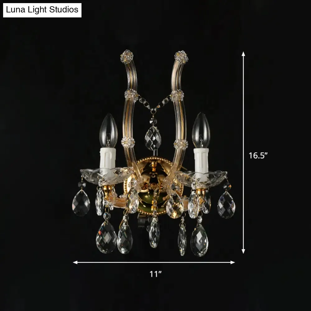 Contemporary Amber Glass Wall Light with Crystal Deco - Gold Finish, 2 Lights