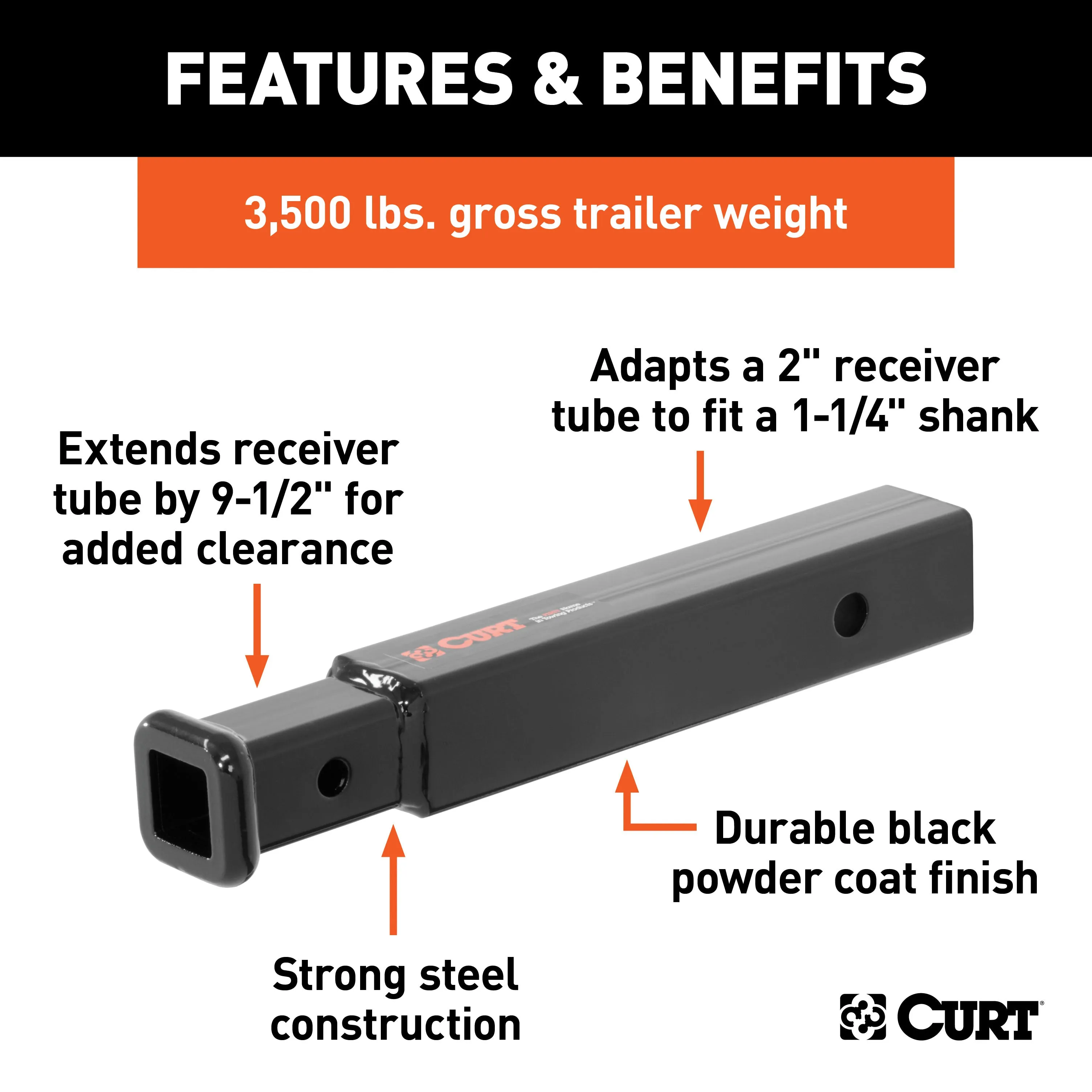 CURT 45775 Receiver Tube Adapter (2in. to 1-1/4in. Shank; 3;500 lbs. GTW; 9-1/2in. Length)