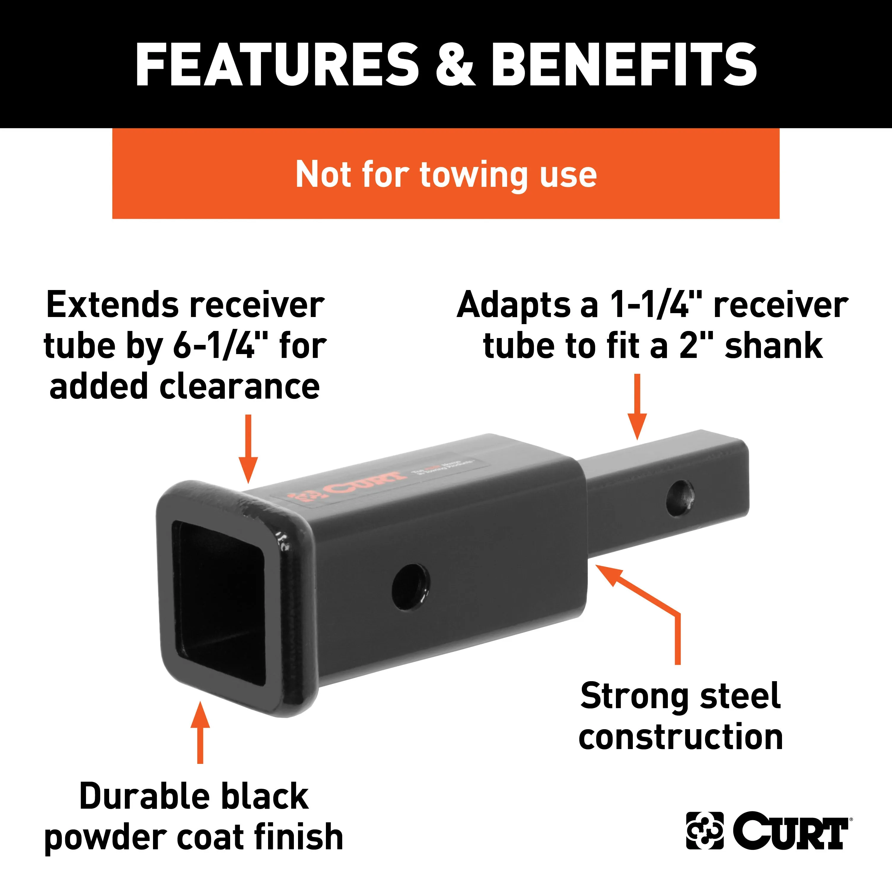 CURT 45785 Receiver Tube Adapter (1-1/4in. to 2in. Shank; Not for Towing Use; 6-1/4in. Leng