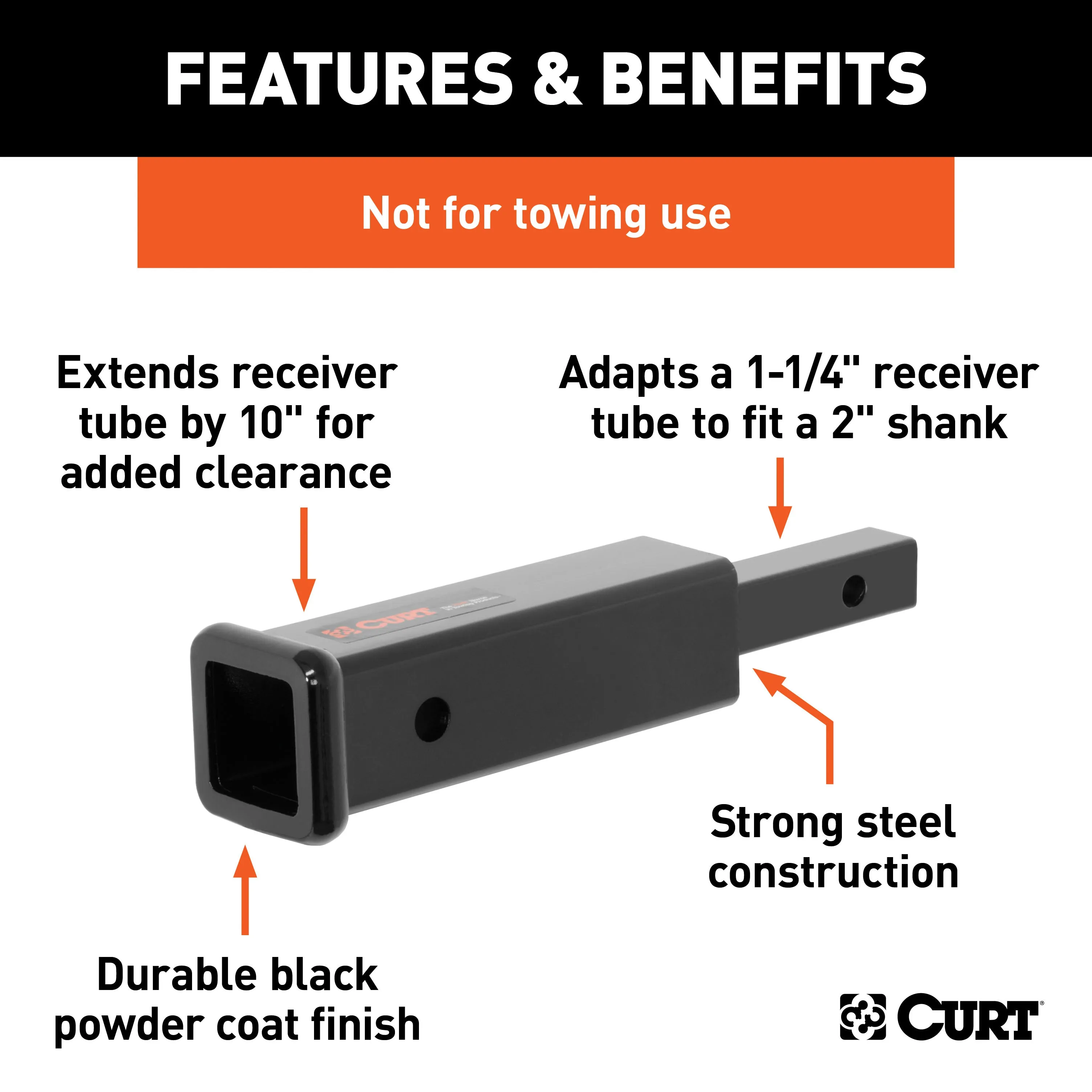 CURT 45790 Receiver Tube Adapter (1-1/4in. to 2in. Shank; Not for Towing Use; 6-1/4in. Leng