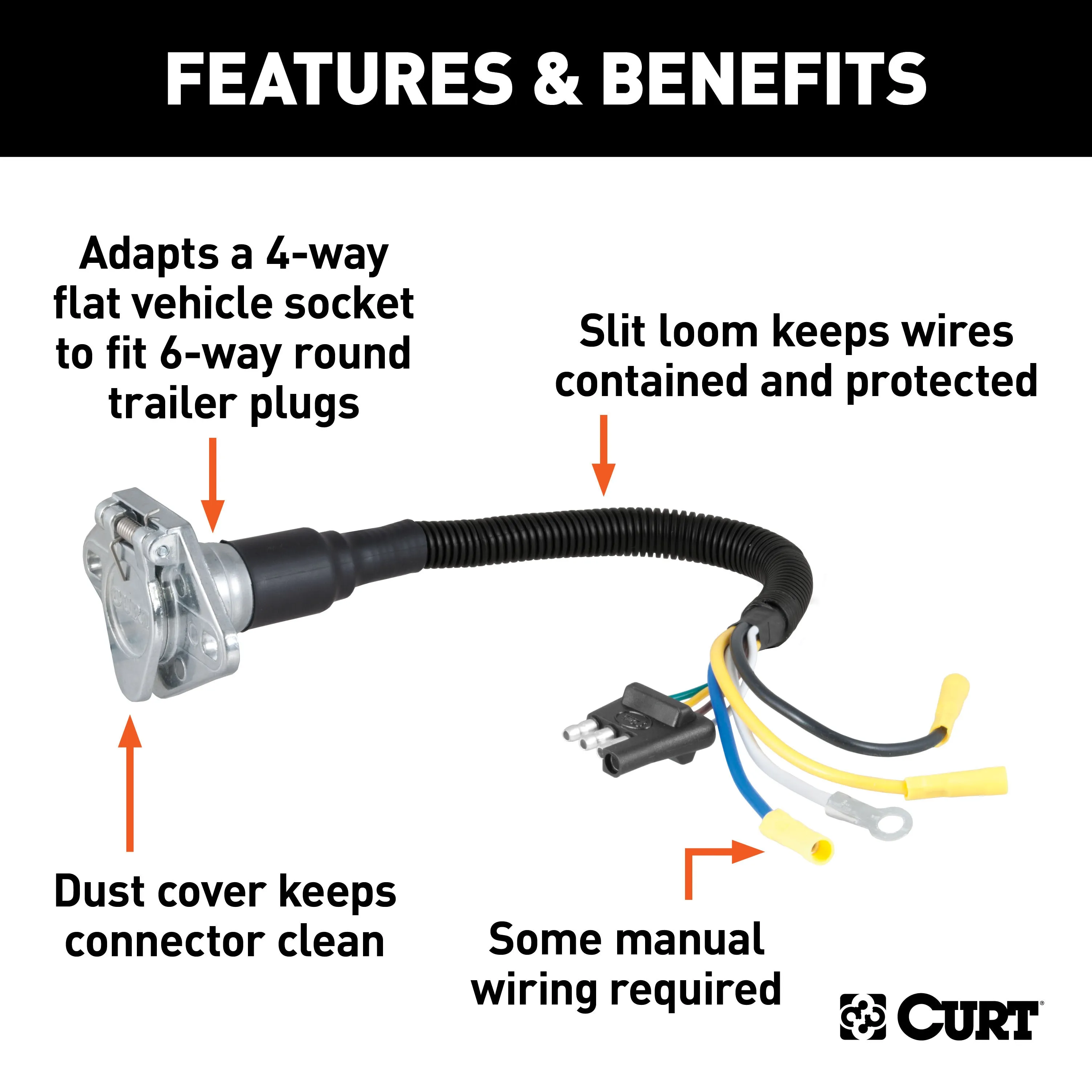 CURT 57183 CURT 57183 4-Way Flat Vehicle-Side to 6-Way Round Trailer Wiring Adapter