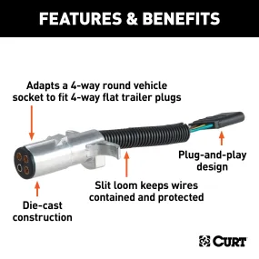 CURT 57444 Electrical Adapter (4-Way Round Vehicle to 4-Way Flat Trailer; Packaged)
