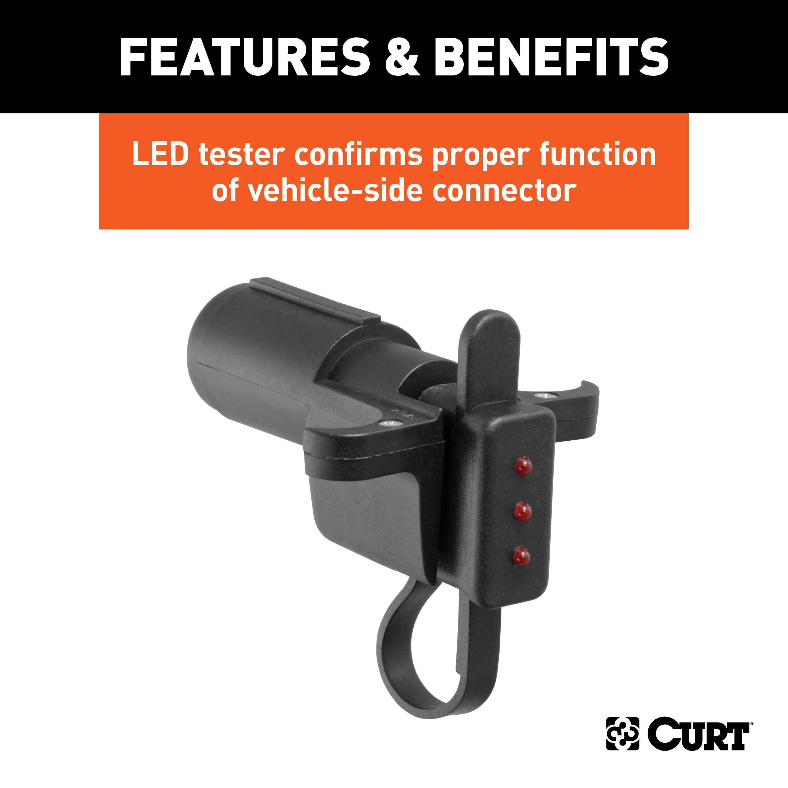CURT 57627 Electrical Adapter with Tester (6-Way Round Vehicle to 4-Way Flat Trailer)