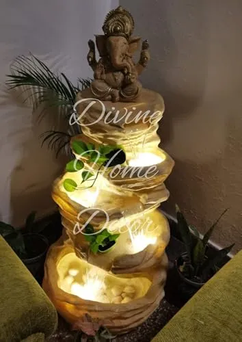 Divine Home Decor Big Ganesh 4 Tiered Lighted Water Fountain with LED Lights for Living Room, Bedroom, Kitchen, Bathroom, Office, Home Decoration, Ideal for Gifting